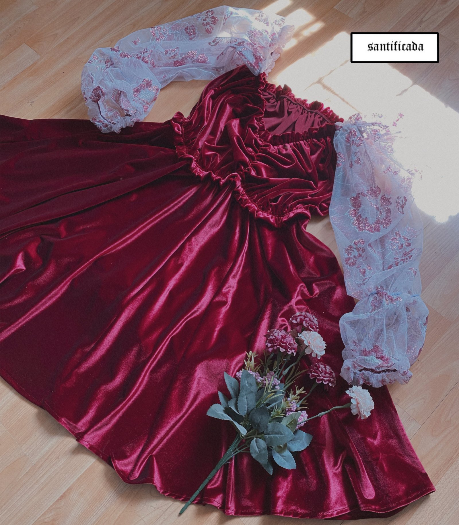 VESTIDO MARIE MANGAS FLOREADAS (palo rosa y burdeo)
